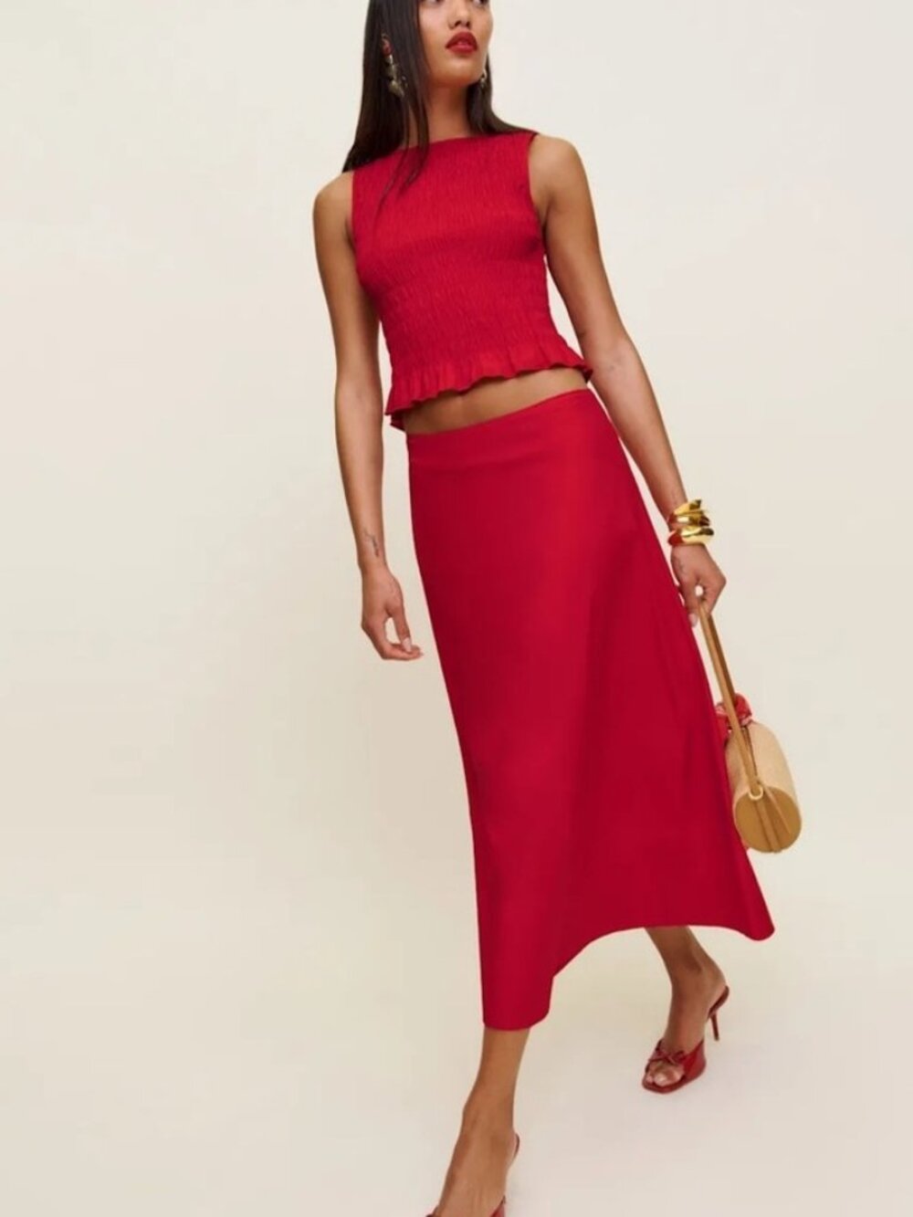 NEW Reformation Laguna Two Piece Matching Midi Skirt Set Lipstick Red US 2 UK 4